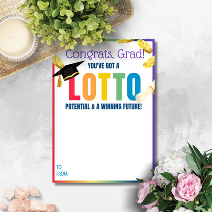 Printable 5x7 inch lotto or scratchers card holder for graduates, featuring a colorful design with a graduation cap, gold coins, and a diploma. Ideal for adding fun to graduation gifts.