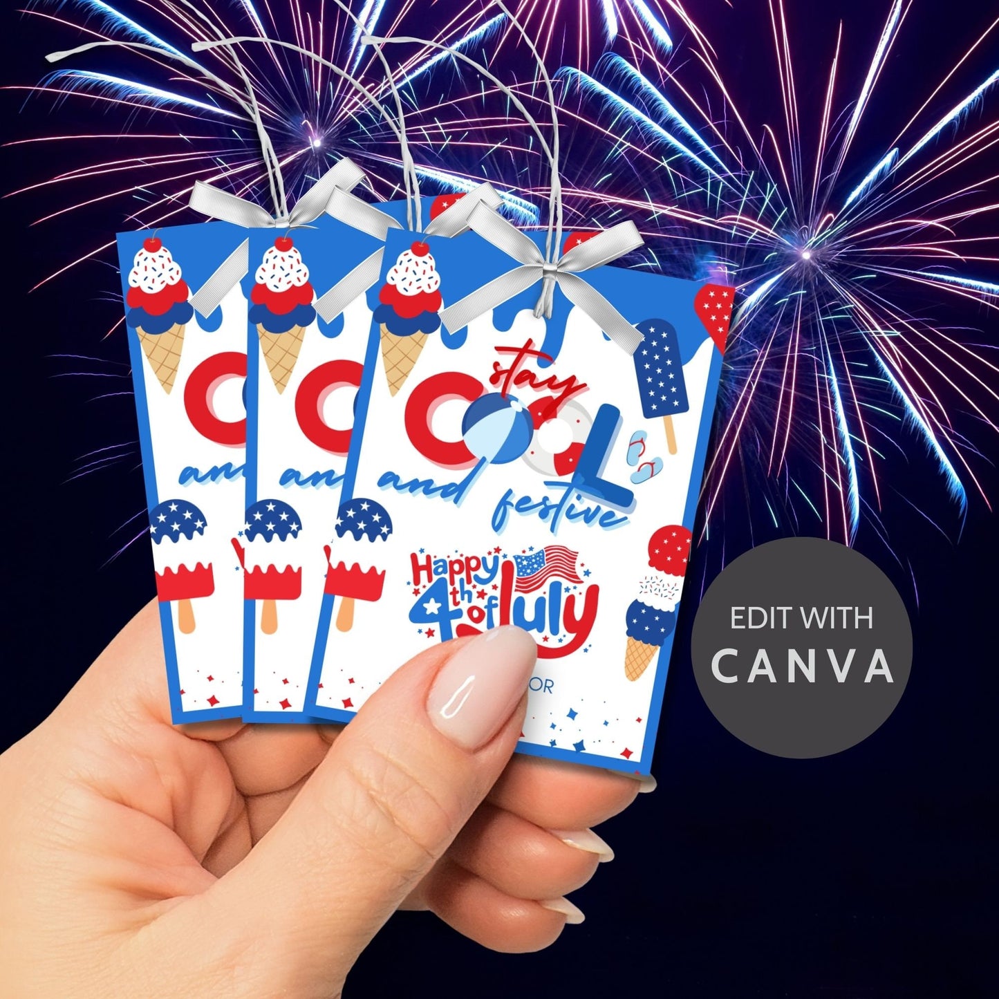 Festive 4th of July printable gift tags featuring patriotic colors, ice cream, and popsicle graphics with the message Stay Cool and Festive. Happy 4th of July! Perfect for party favors and gifts.