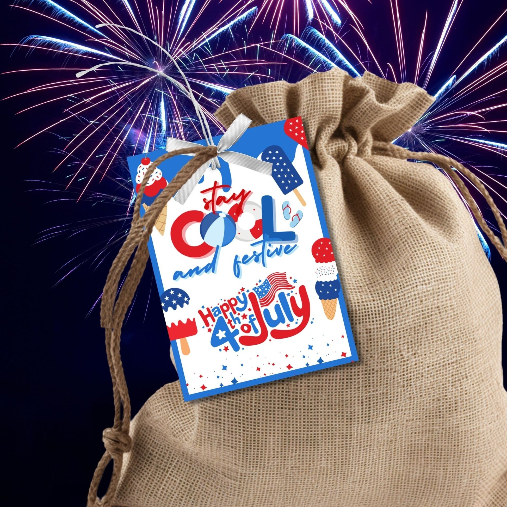 Festive 4th of July printable gift tags featuring patriotic colors, ice cream, and popsicle graphics with the message Stay Cool and Festive. Happy 4th of July! Perfect for party favors and gifts.