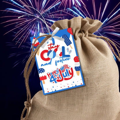 Festive 4th of July printable gift tags featuring patriotic colors, ice cream, and popsicle graphics with the message Stay Cool and Festive. Happy 4th of July! Perfect for party favors and gifts.