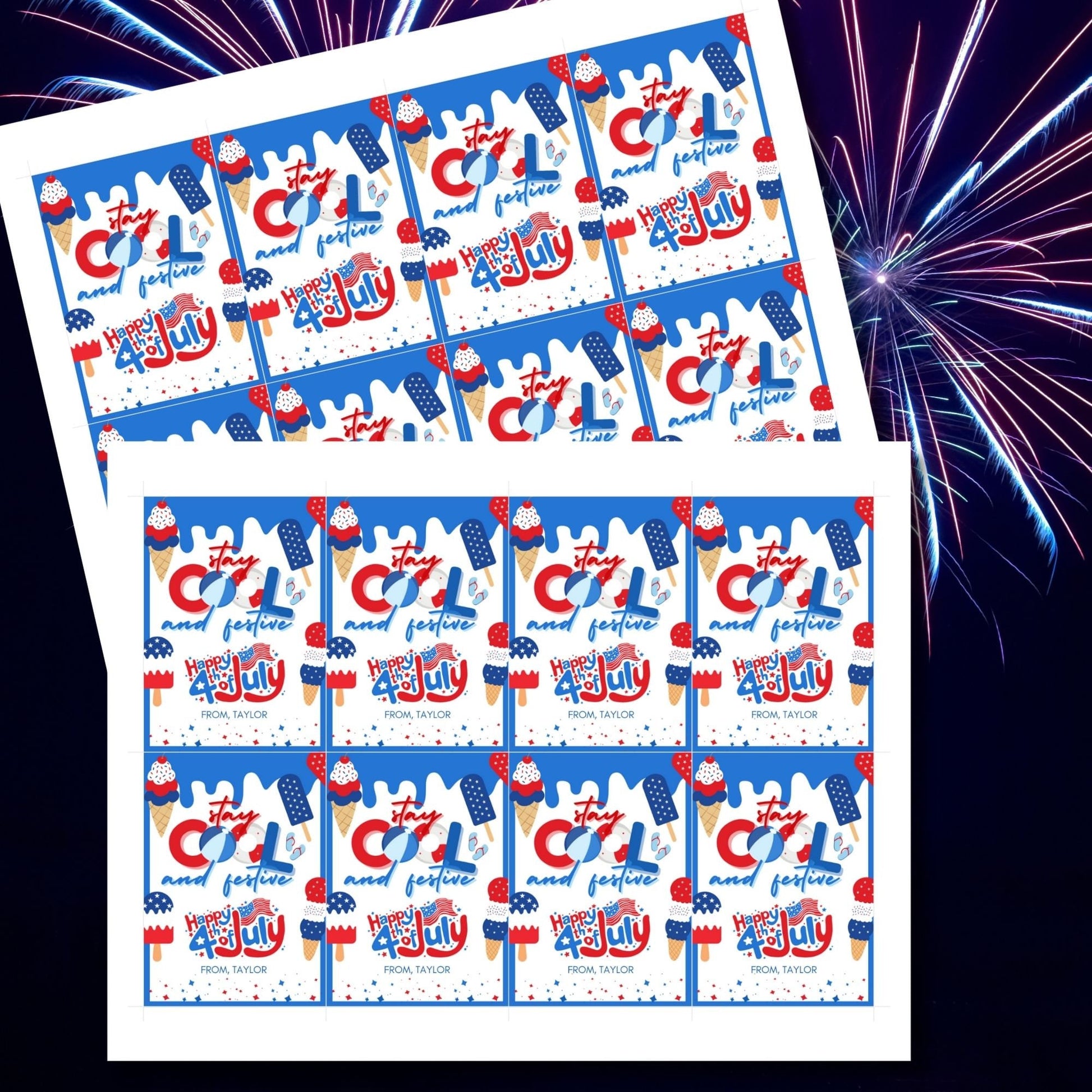 Festive 4th of July printable gift tags featuring patriotic colors, ice cream, and popsicle graphics with the message Stay Cool and Festive. Happy 4th of July! Perfect for party favors and gifts.