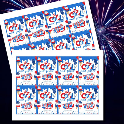 Festive 4th of July printable gift tags featuring patriotic colors, ice cream, and popsicle graphics with the message Stay Cool and Festive. Happy 4th of July! Perfect for party favors and gifts.