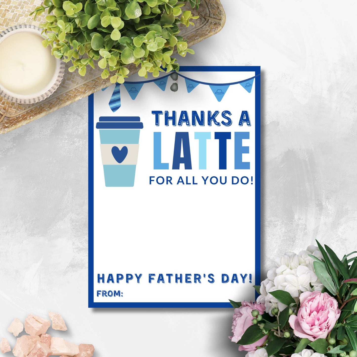 Fathers Day coffee card holder with Thanks a LATTE for all you do! in blue, featuring a coffee cup with a heart, banners, and customizable from space. Fits 5x7 on 8.5x11 paper.