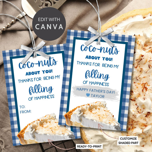 Eight coconut pie-themed Fathers Day gift tags displayed in two rows of four. Each tag features a message about dad being coco-nuts about you and filling of happiness, with a customizable name slot and an illustration of a slice of coconut pie.