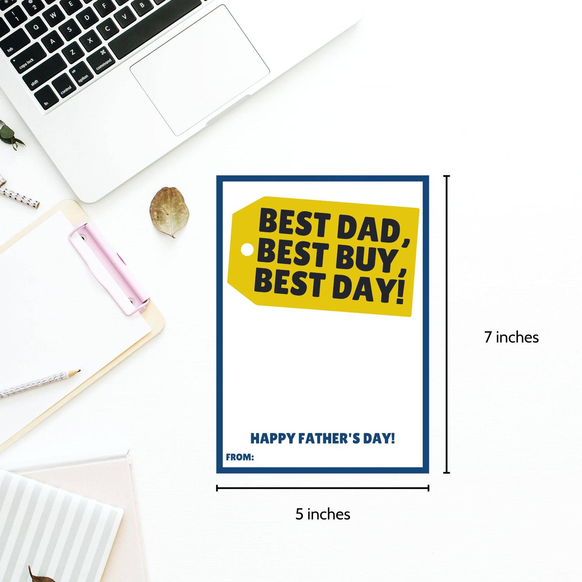 Fathers Day card in yellow and blue with Best Dad, Best Buy, Best Day! message, ideal for accompanying a Best Buy gift card. Space for personalization below.