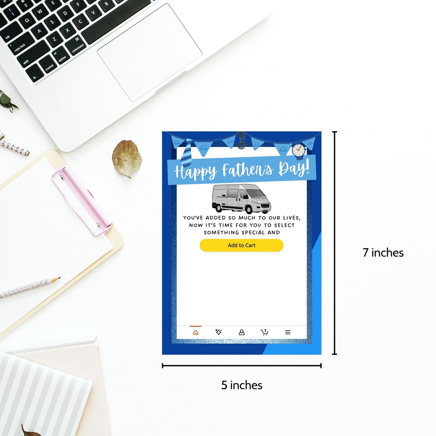 Fathers Day card themed with an Amazon shopping concept, featuring a delivery van and an Add to Cart button, ideal for pairing with an Amazon gift card.