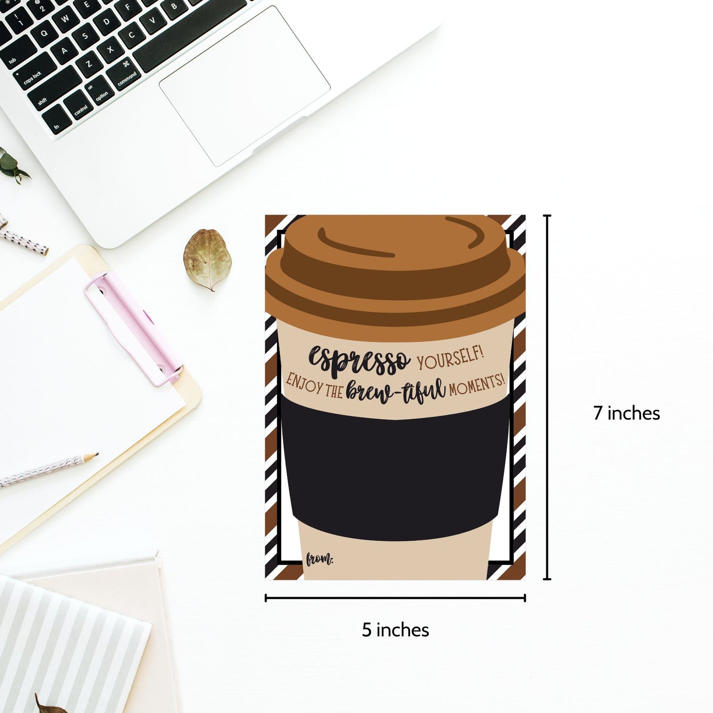 Greeting card with a stylish coffee cup illustration and the phrase Espresso yourself! and Enjoy the brew-tiful moments!, ideal for pairing with a Peets Coffee gift card.