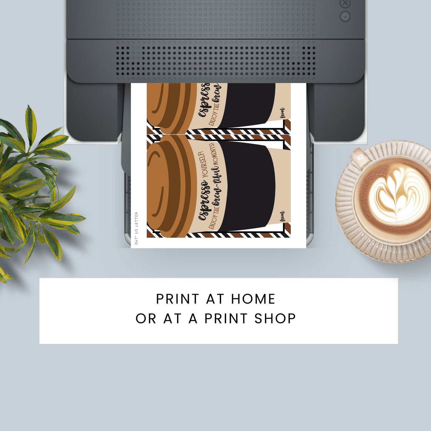 Greeting card with a stylish coffee cup illustration and the phrase Espresso yourself! and Enjoy the brew-tiful moments!, ideal for pairing with a Peets Coffee gift card.