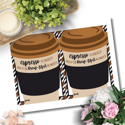 Greeting card with a stylish coffee cup illustration and the phrase Espresso yourself! and Enjoy the brew-tiful moments!, ideal for pairing with a Peets Coffee gift card.