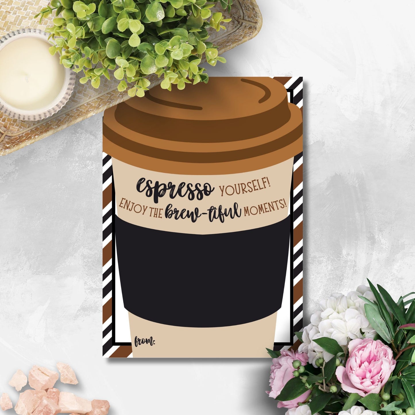 Greeting card with a stylish coffee cup illustration and the phrase Espresso yourself! and Enjoy the brew-tiful moments!, ideal for pairing with a Peets Coffee gift card.