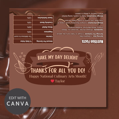 Printable chocolate bar wrapper for National Culinary Arts Month featuring a baking theme with Bake My Day Delight and Thanks for all you do! message, ideal for culinary enthusiasts.