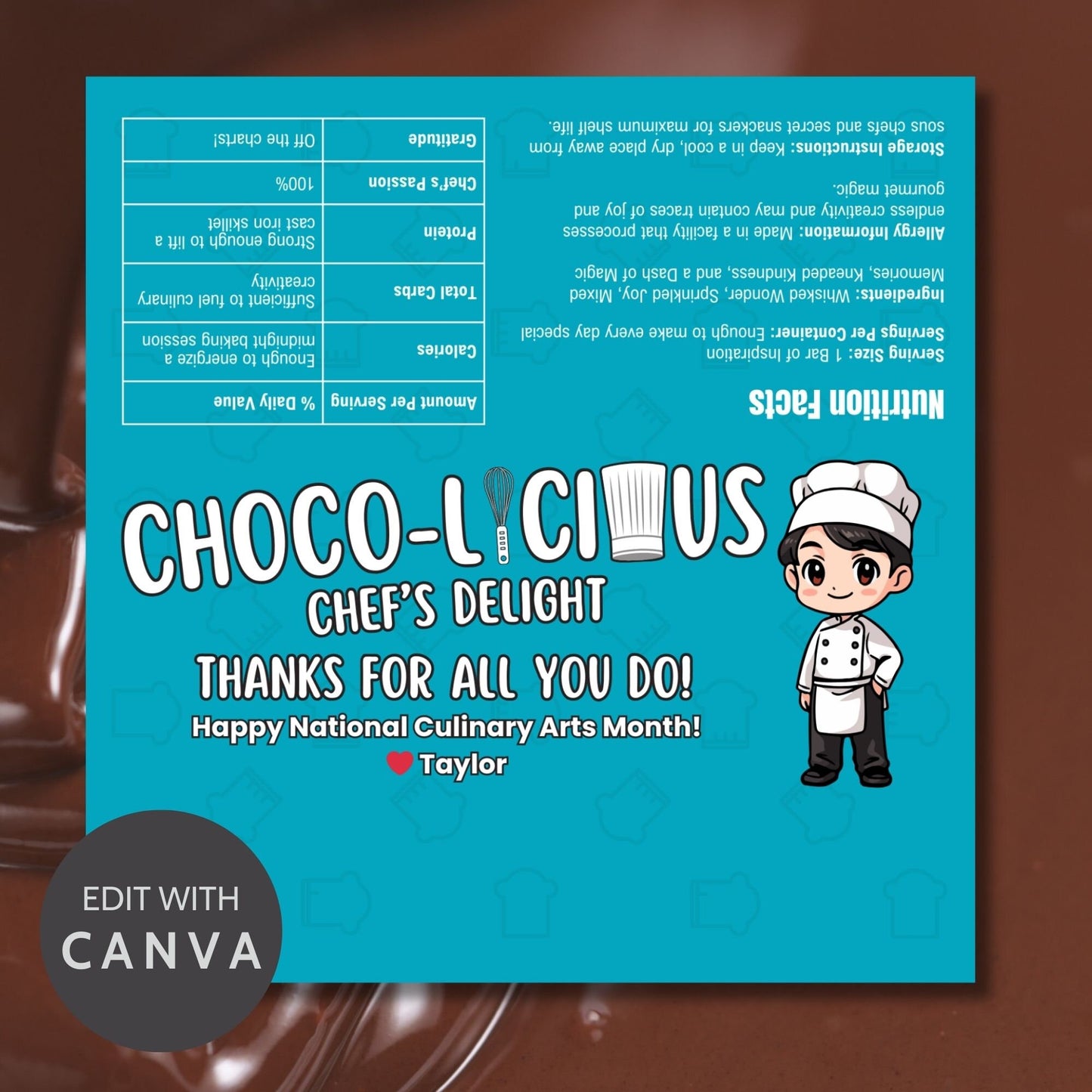 Printable chocolate bar wrapper for National Culinary Arts Month featuring a cute chef illustration with Choco-Licious Chefs Delight and Thanks for all you do! message, perfect for culinary professionals.