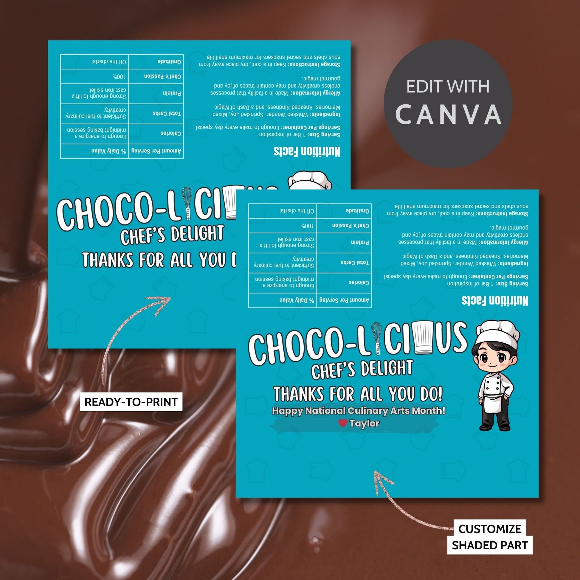 Printable chocolate bar wrapper for National Culinary Arts Month featuring a cute chef illustration with Choco-Licious Chefs Delight and Thanks for all you do! message, perfect for culinary professionals.