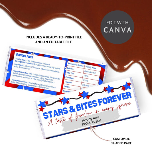 Printable 4th of July chocolate bar wrapper featuring a patriotic red, white, and blue star design with the message Stars & Bites Forever - A taste of freedom in every square. Personalizable with Happy 4th!