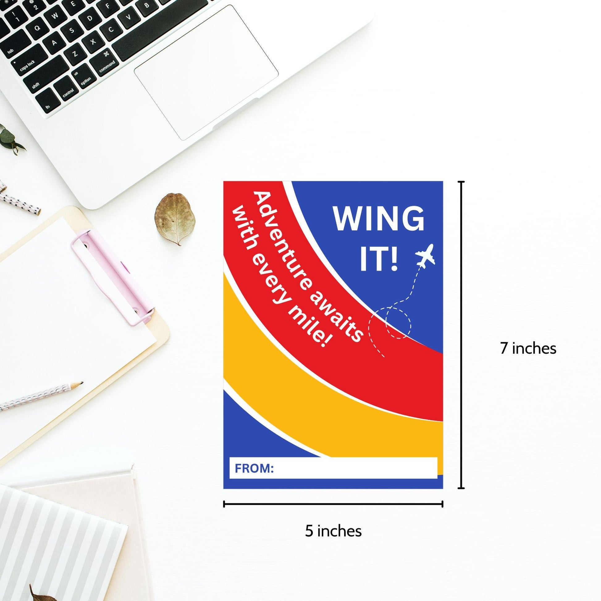 Colorful travel-themed card with Wing It! Adventure awaits with every mile! message and an airplane graphic, ideal for pairing with a Southwest Airlines gift card.