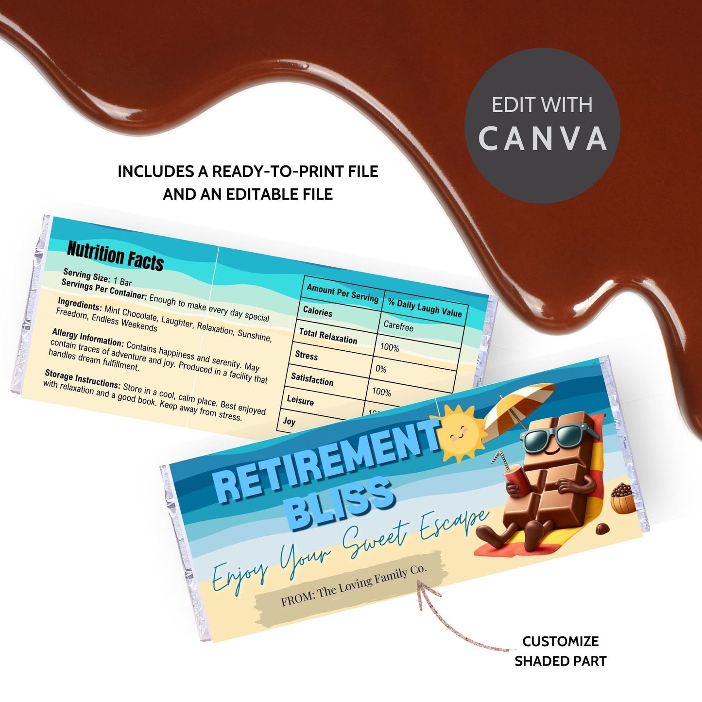 Colorful chocolate bar wrapper with a relaxing chocolate character on a beach, under the sun with the text Retirement Bliss: Enjoy Your Sweet Escape.