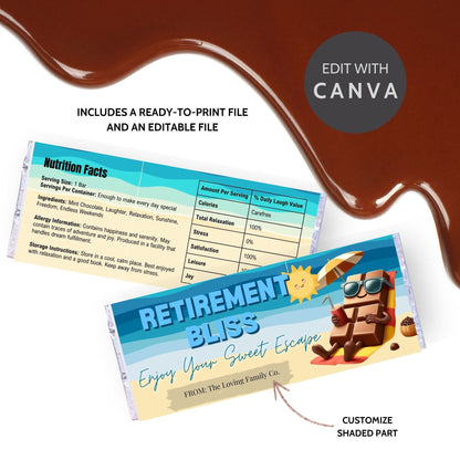 Colorful chocolate bar wrapper with a relaxing chocolate character on a beach, under the sun with the text Retirement Bliss: Enjoy Your Sweet Escape.