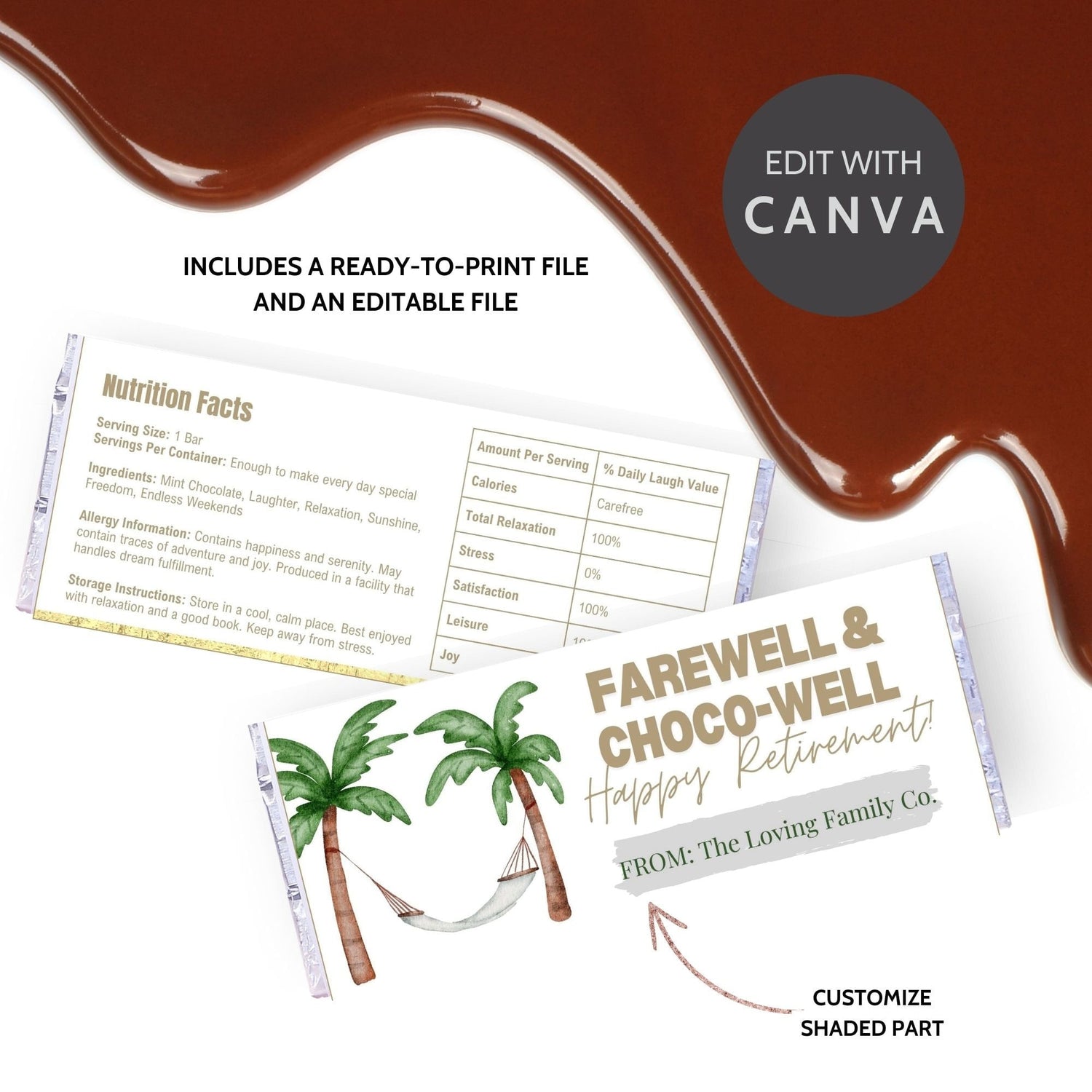 Chocolate bar wrapper with a beach hammock theme, featuring palm trees and the text Farewell & Choco-Well: Happy Retirement.