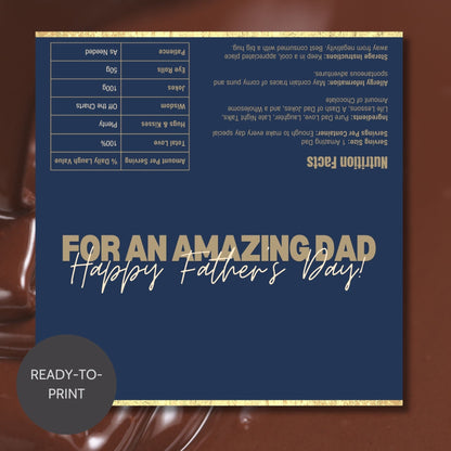 Navy and gold Fathers Day chocolate bar wrapper with text For an Amazing Dad! Happy Fathers Day! from the Loving Family Co.