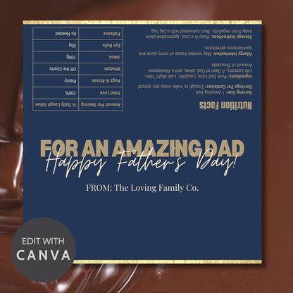 Navy and gold Fathers Day chocolate bar wrapper with text For an Amazing Dad! Happy Fathers Day! from the Loving Family Co.