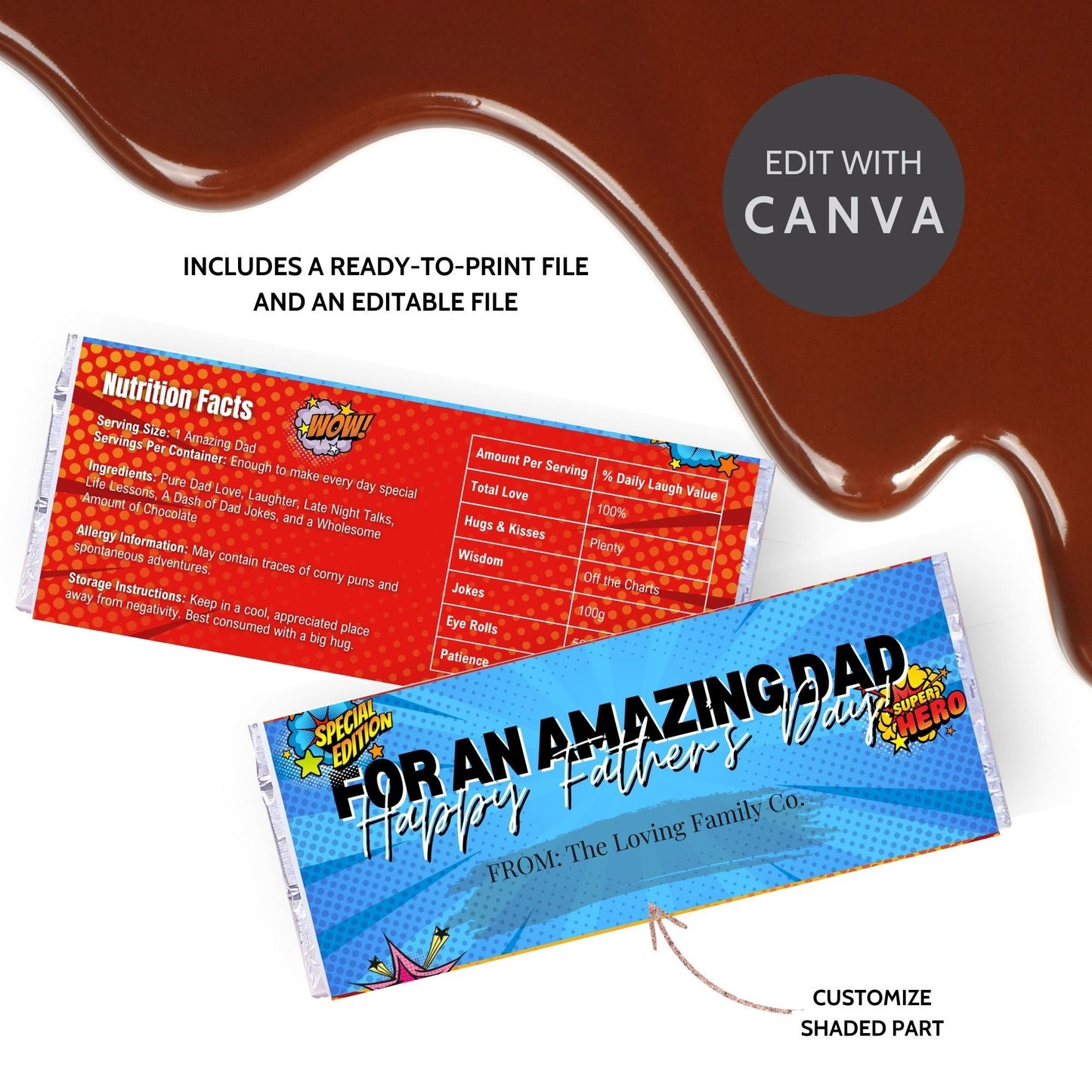 Bright and colorful comic-themed Fathers Day chocolate bar wrapper with superhero motifs and the text For an Amazing Dad! Happy Fathers Day! from the Loving Family Co.