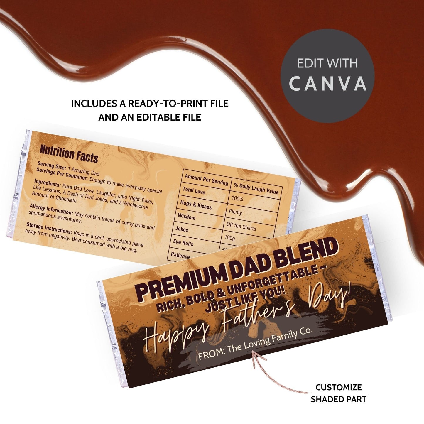 Coffee-themed Fathers Day chocolate bar wrapper featuring a swirling coffee design with the text Premium Dad Blend - Rich, Bold & Unforgettable - Just Like You! Happy Fathers Day! from the Loving Family Co.