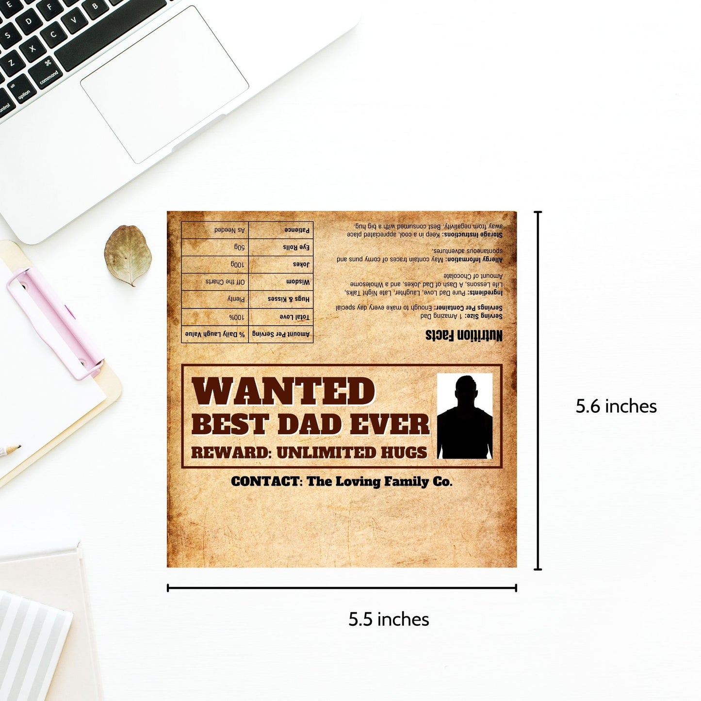 Western-themed Fathers Day chocolate bar wrapper styled as a Wanted poster with the text Wanted: Best Dad Ever - Reward: Unlimited Hugs and silhouette of a dad from the Loving Family Co.