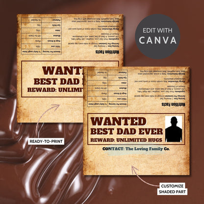 Western-themed Fathers Day chocolate bar wrapper styled as a Wanted poster with the text Wanted: Best Dad Ever - Reward: Unlimited Hugs and silhouette of a dad from the Loving Family Co.