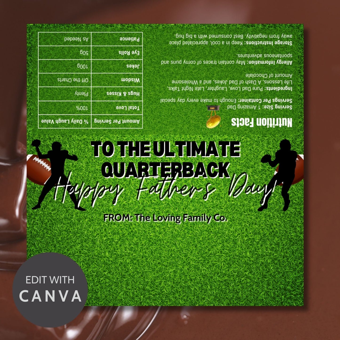 Football-themed Fathers Day chocolate bar wrapper featuring quarterback silhouettes on a grassy field background with the text To the Ultimate Quarterback! Happy Fathers Day! from the Loving Family Co.