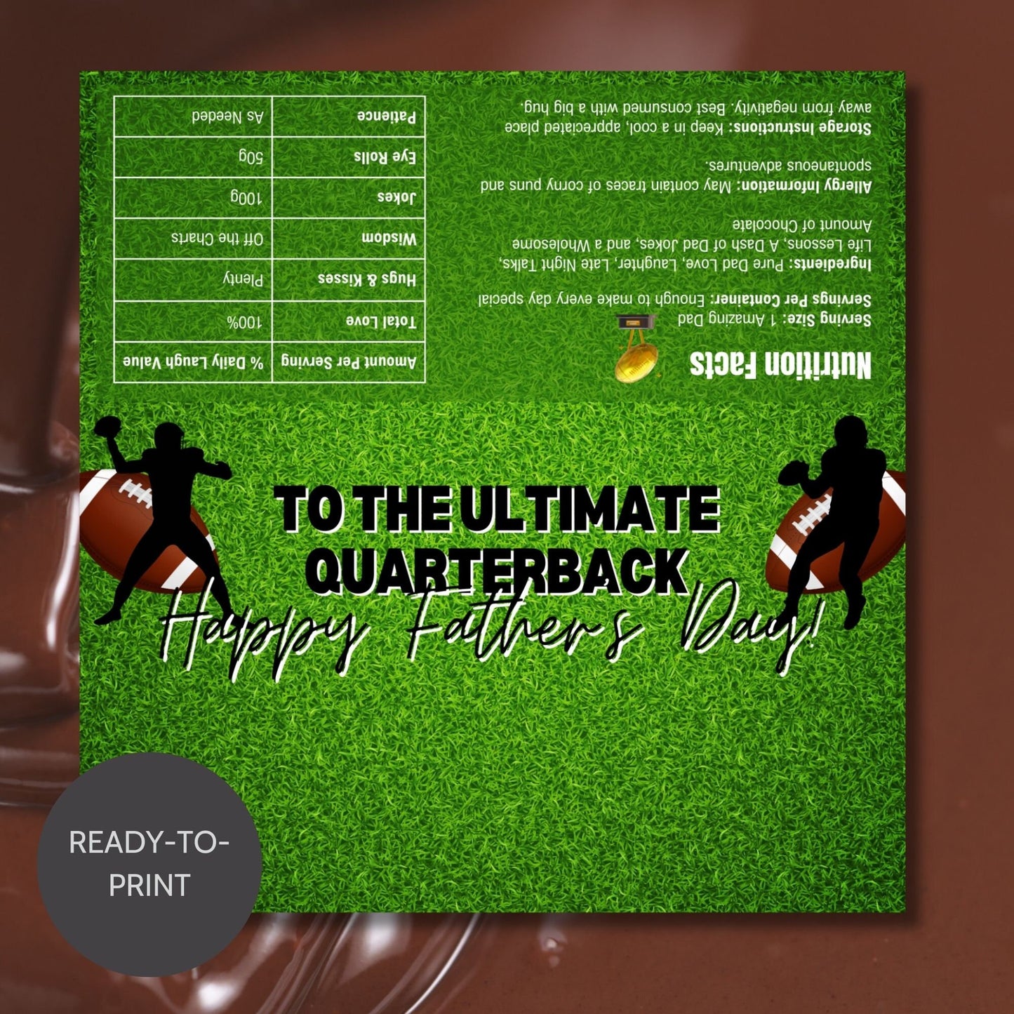 Football-themed Fathers Day chocolate bar wrapper featuring quarterback silhouettes on a grassy field background with the text To the Ultimate Quarterback! Happy Fathers Day! from the Loving Family Co.