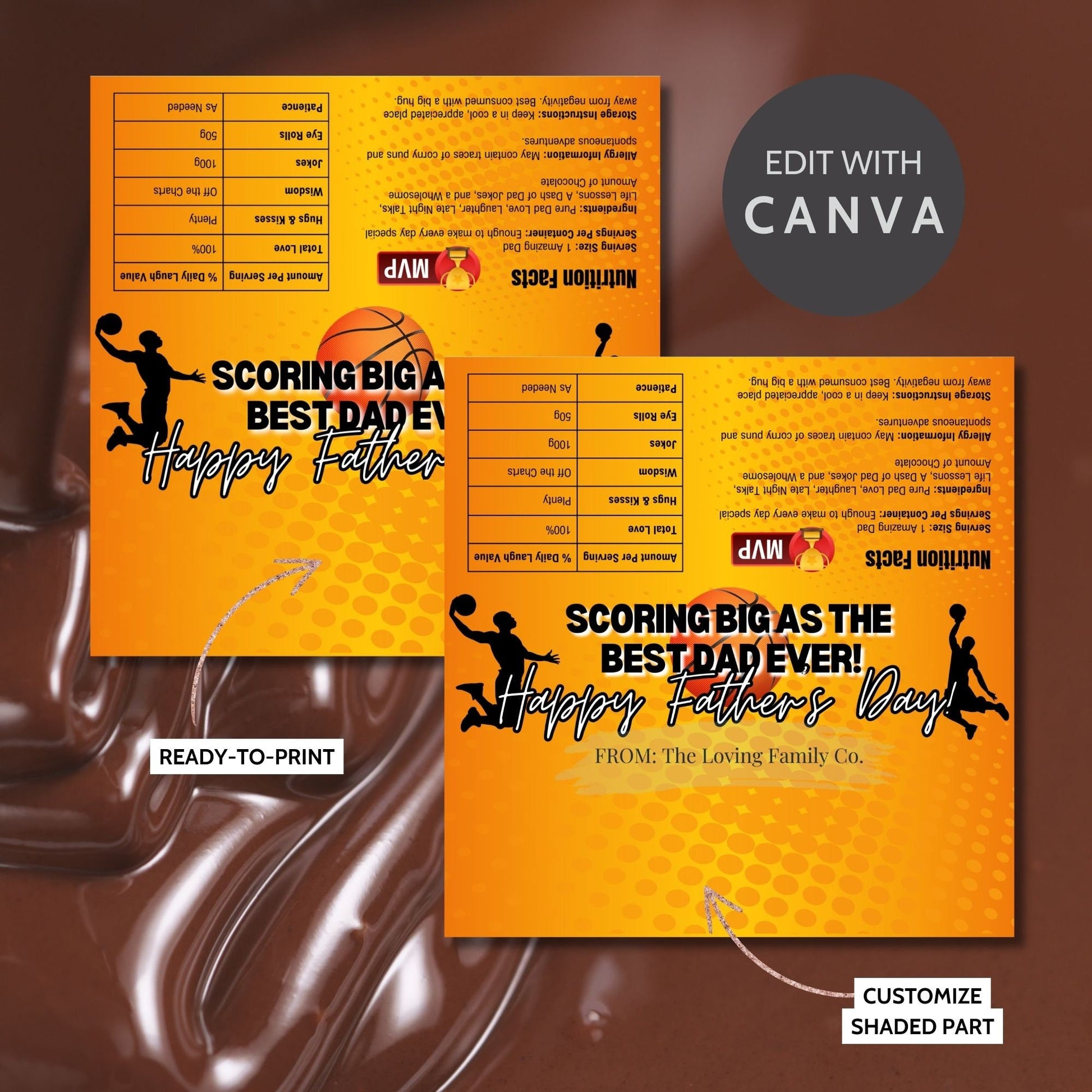 Orange and black basketball-themed Fathers Day chocolate bar wrapper featuring a basketball player silhouette with the text Scoring Big as the Best Dad Ever! Happy Father&#39;s Day! from the Loving Family Co.