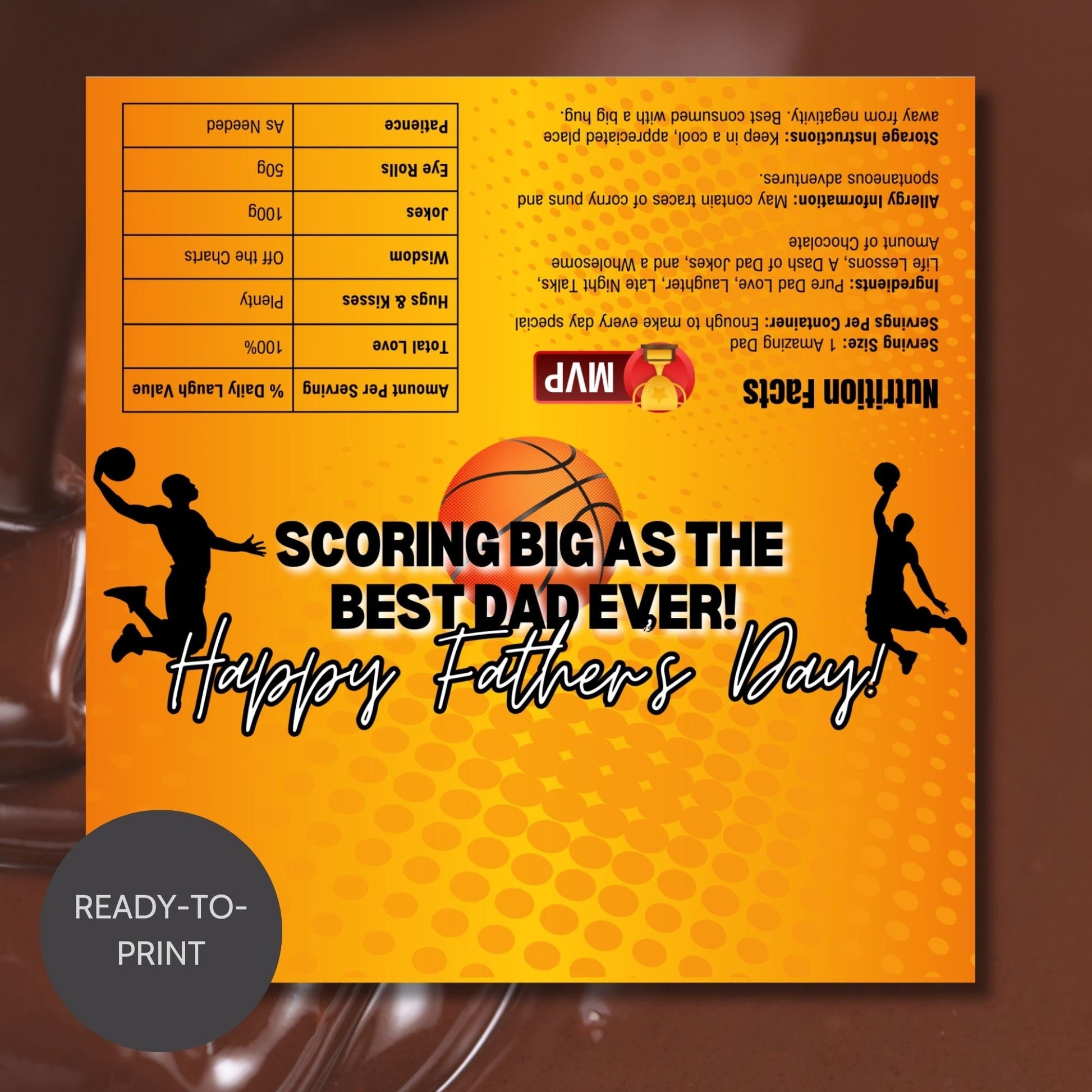 Orange and black basketball-themed Fathers Day chocolate bar wrapper featuring a basketball player silhouette with the text Scoring Big as the Best Dad Ever! Happy Father&#39;s Day! from the Loving Family Co.