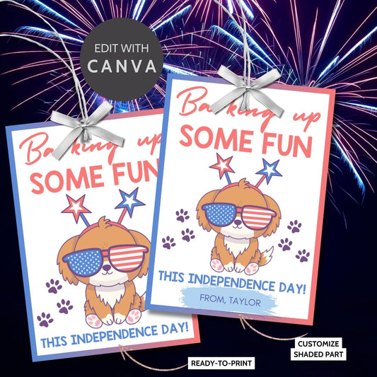 Festive 4th of July printable gift tags featuring patriotic colors, a cute dog with star glasses, and the message Barking Up Some Fun This Independence Day! Perfect for party favors and gifts.