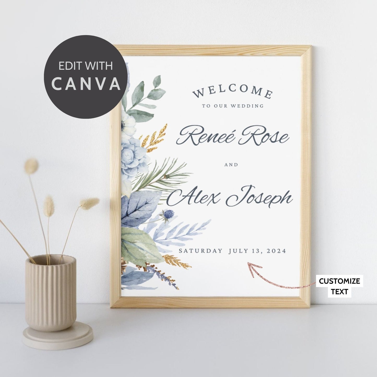 Editable wedding welcome poster template featuring elegant floral design. Customizable text for names and date. Size: 18x24 inches.