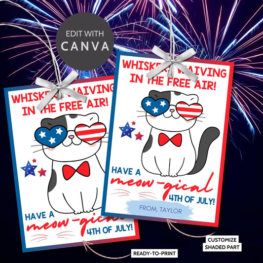 Festive 4th of July printable gift tags featuring patriotic colors, a cute cat with American flag glasses, and the message Whiskers Waiving in the Free Air! Have a Meow-gical 4th of July! Perfect for party favors and gifts.