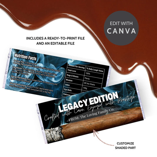 Image of a printable Fathers Day chocolate bar wrapper with a cigar design, featuring smoke swirls and titled LEGACY EDITION on a smokey background.