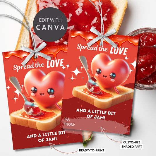 Eight vibrant, flirty jam gift tags with a cute heart character spreading jam on toast, captioned Spread the Love and a Little Bit of Jam! ready for printing or customizing via Canva. Perfect for teachers, nurses, staff, and more.