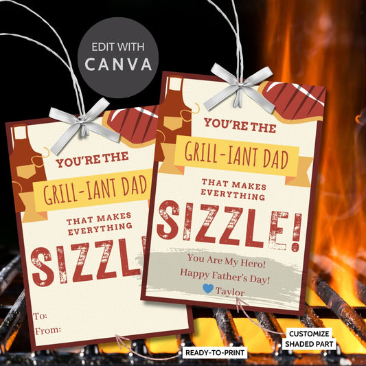 Eight grill-themed Fathers Day gift tags displayed in two rows of four. Each tag features a message about being the grill-iant dad that makes everything sizzle, with a customizable name slot.