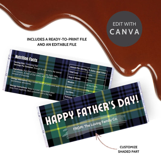 Image of a printable Fathers Day chocolate bar wrapper in a classic navy and green plaid design with the text HAPPY FATHERS DAY! on the front.