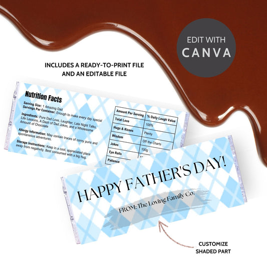 Image of a printable Fathers Day chocolate bar wrapper in a light blue plaid design with the text HAPPY FATHERS DAY! prominently displayed.