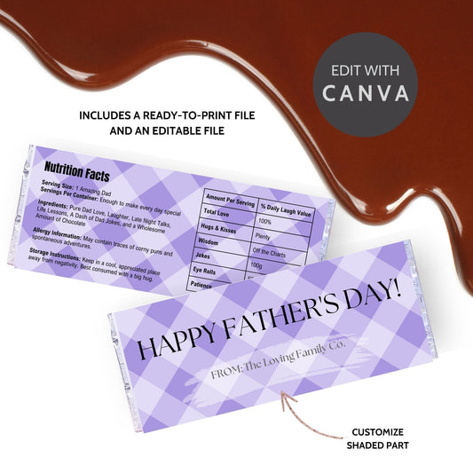 Image of a printable Fathers Day chocolate bar wrapper in a soothing lavender plaid design with the phrase HAPPY FATHERS DAY! prominently displayed.