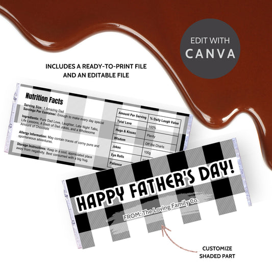 Image of a printable Fathers Day chocolate bar wrapper featuring a sophisticated black and white plaid design with the greeting HAPPY FATHERS DAY! prominently displayed.