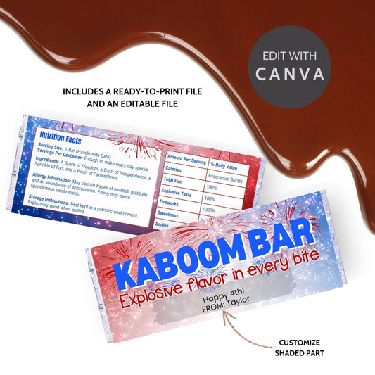 Printable 4th of July chocolate bar wrapper with Kaboom Bar and a fireworks design in red, white, and blue. Includes message Explosive flavor in every bite. Personalizable with Happy 4th!