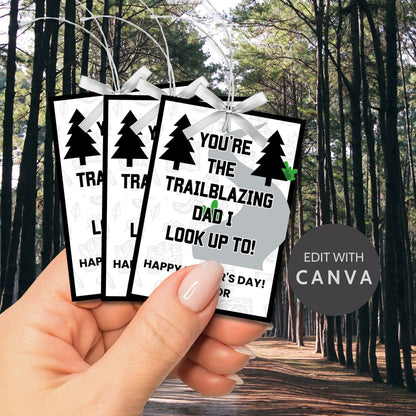 Eight trailblazing dad-themed Father&#39;s Day gift tags displayed in two rows of four. Each tag features a message about dad being the trailblazing dad to look up to, with a customizable name slot.