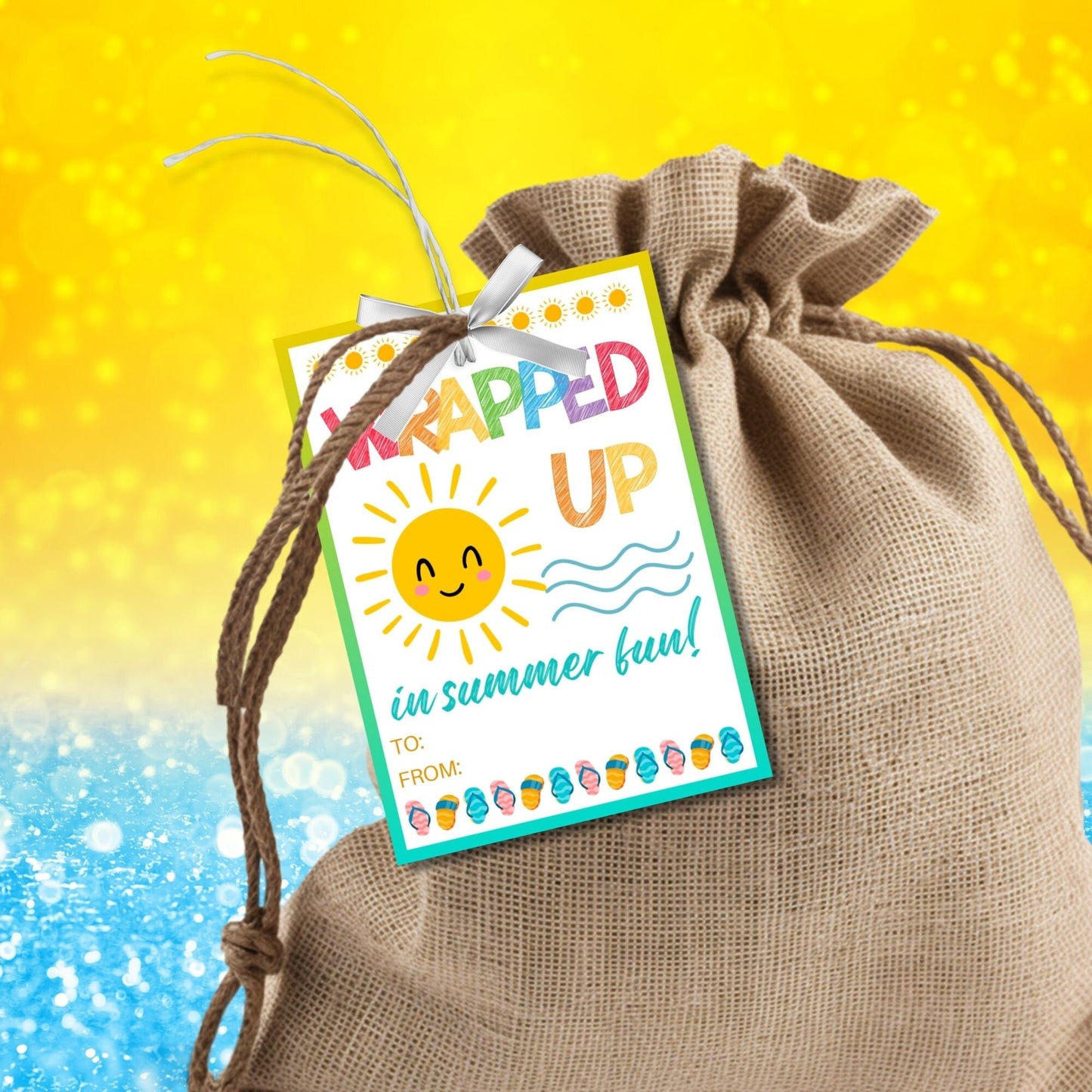 Cheerful summer gift tags featuring a smiling sun and colorful text that reads Wrapped Up in Summer Fun! Have a Dazzling Summer!