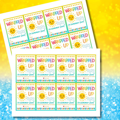 Cheerful summer gift tags featuring a smiling sun and colorful text that reads Wrapped Up in Summer Fun! Have a Dazzling Summer!