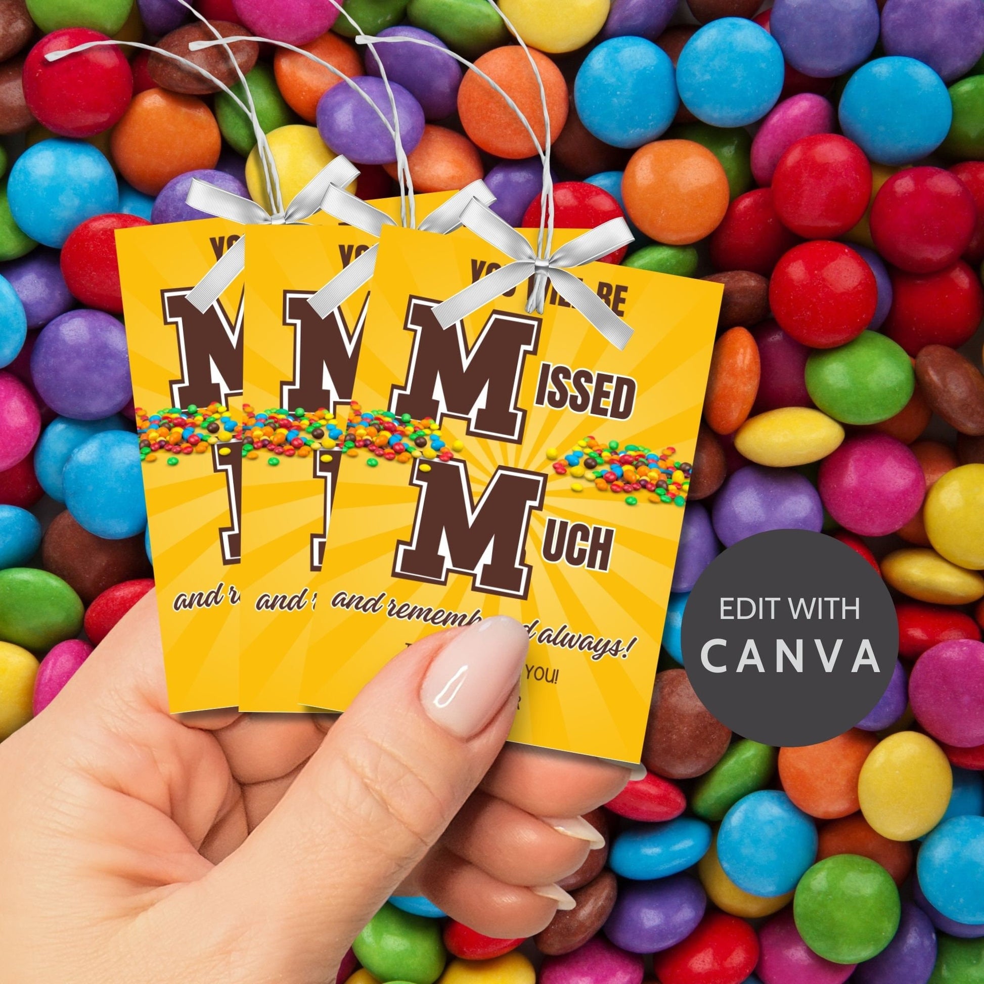 Farewell M&M candy tags reading You will be missed much and remembered always, perfect for teachers, staff, employees, bus drivers. Printable and editable for personalized goodbyes. Download and print for heartfelt appreciation gifts.