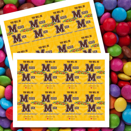 Farewell M&M candy tags reading You will be missed much and remembered always, perfect for teachers, staff, employees, bus drivers. Printable and editable for personalized goodbyes. Download and print for heartfelt appreciation gifts.