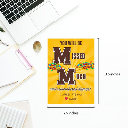 Farewell M&M candy tags reading You will be missed much and remembered always, perfect for teachers, staff, employees, bus drivers. Printable and editable for personalized goodbyes. Download and print for heartfelt appreciation gifts.