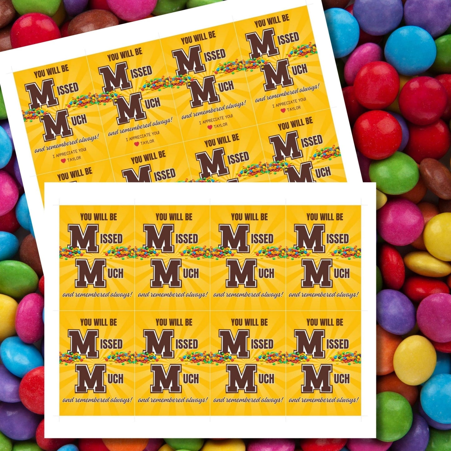 Farewell M&M candy tags reading You will be missed much and remembered always, perfect for teachers, staff, employees, bus drivers. Printable and editable for personalized goodbyes. Download and print for heartfelt appreciation gifts.